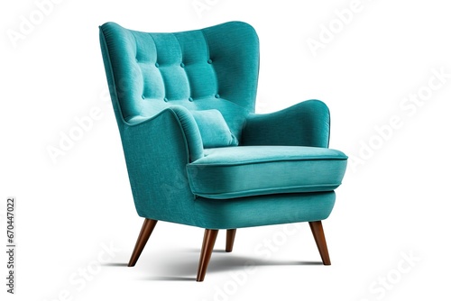 Classic armchair art deco style in turquoise velvet with wood legs isolated on white background.