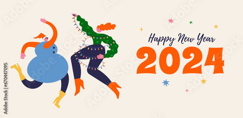 Fun Merry Christmas and Happy New Year banner, Christmas background and card with groovy, hippie bizarre disproportionate characters, wearing Santa hat, dancing, jumping and drinking champagne