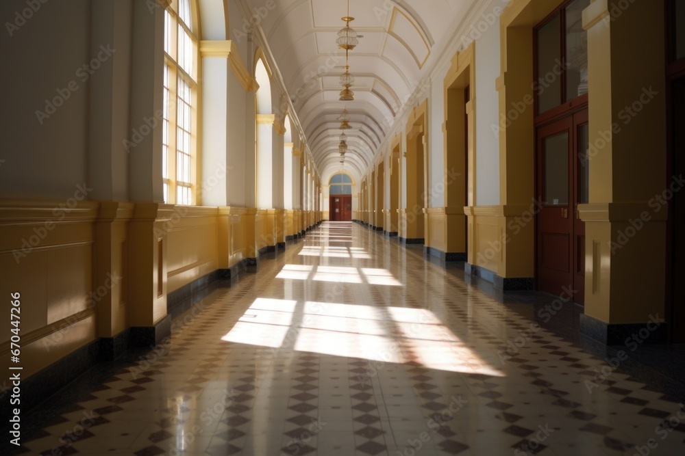 perspective shot of a long courthouse corridor