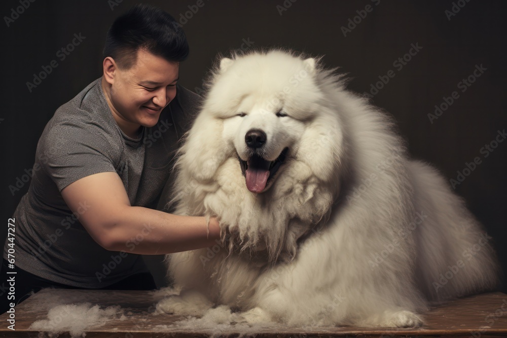 man grooming white fluffy samoyed dog. Canine groomer at work. man grooming white fluffy samoyed dog. Canine groomer at work.