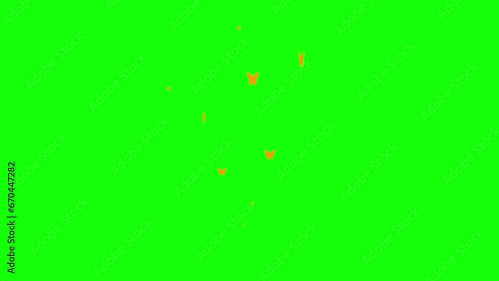 Animated orange butterflies fly from bottom to top. A fountain from flying butterflies. Concept of summer. Vector illustration isolated on the green background. Animated orange butterflies fly from bottom to top. A fountain from flying butterflies. Concept of summer. Vector illustration isolated on the green background.