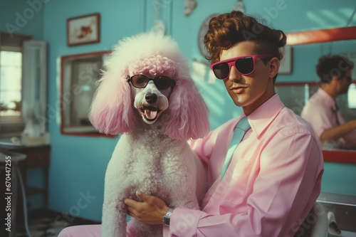 vintage retro poster of grooming salon with guy in pink suit and pastel pink poodle dog photo