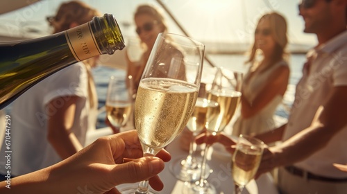 Group of friends having fun together and drinking champagne while sailing in the sea on luxury yacht, Traveling and yachting concept. © Oulaphone