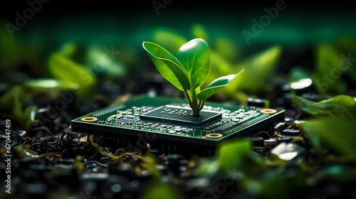 Green Tech: Plant on Circuit Board photo