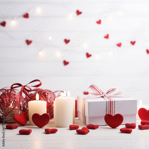 illustration of Wooden white background with red hearts gifts, Generative ai