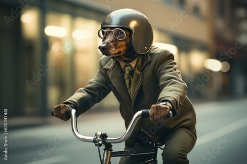 dog in helmet riding a bicycle. Creative bike rent ad. Safety on road poster illustration. 