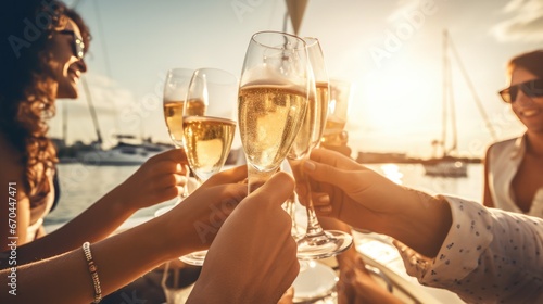 Group of friends having fun together and drinking champagne while sailing in the sea on luxury yacht, Traveling and yachting concept. photo
