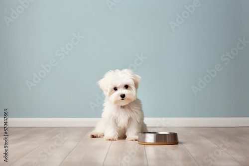 cute white maltese puppy in modern minimal kitchen near metallic bowls on the floor. Dog food ad poster.