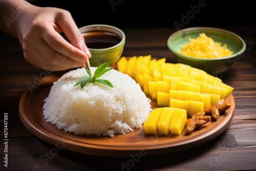 hand garnishing a plate of mango sticky rice with a star anise