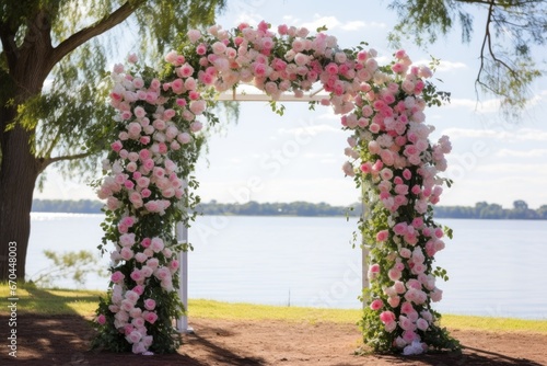 a floral archway set up for an outdoor wedding ceremony © Alfazet Chronicles