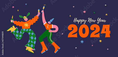 Fun Merry Christmas and Happy New Year banner, Christmas background and card with groovy, hippie bizarre disproportionate characters, wearing Santa hat, dancing, jumping and drinking champagne