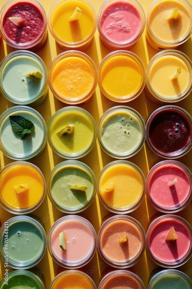 Multicoloured fresh juices top view, still life Multicoloured fresh juices top view, still life