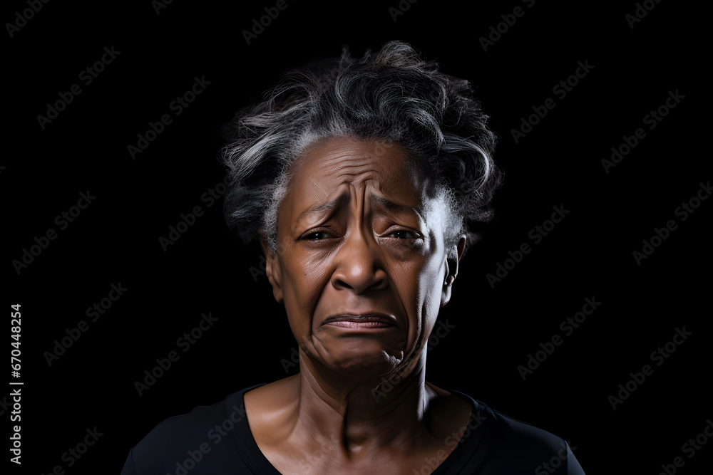 Crying senior African American woman, head and shoulders portrait on black background. Neural network generated image. Not based on any actual person or scene. Crying senior African American woman, head and shoulders portrait on black background. Neural network generated image. Not based on any actual person or scene.