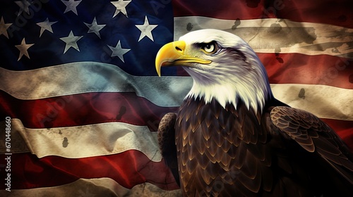 eagle and USA flag national poster. American Bald Eagle - a symbol of America with flag. Bald eagle on american flag background created.