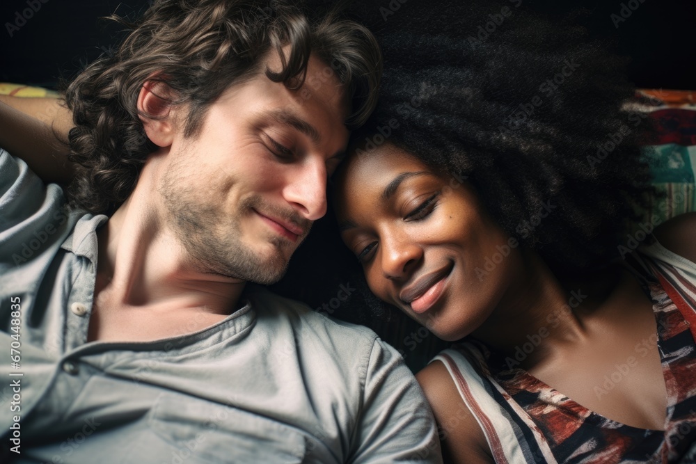 A white male and dark-skinned female couple in love lying on a bed A white male and dark-skinned female couple in love lying on a bed