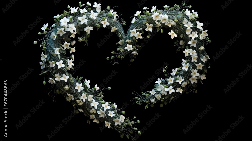 A heart formed by intertwining jasmine flowers, set against a moonlit night.