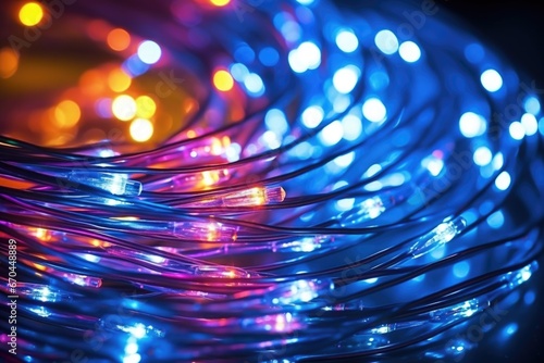 close-up of fiber optic cables glowing in low light