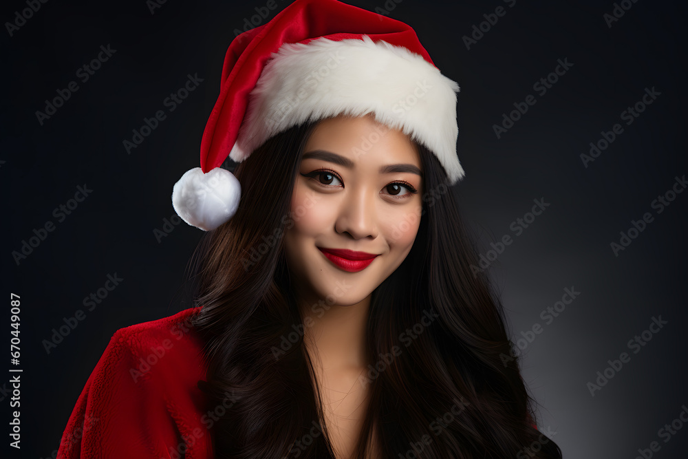 Smiling Asian woman with long hair wearing red Christmas Santa Claus hat in front of dark background Smiling Asian woman with long hair wearing red Christmas Santa Claus hat in front of dark background