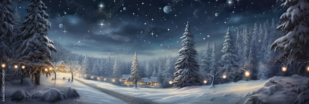 Winter scenery, holiday cheer, snowy landscape, Christmas wonder, serene ambiance, seasonal enchantment. Generated by AI. - obrazy, fototapety, plakaty 