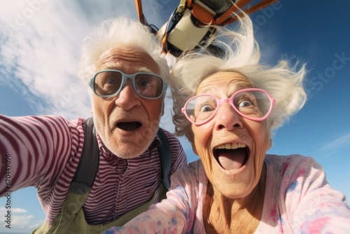 An elderly couple jumped out of a parachute and are flying downwards