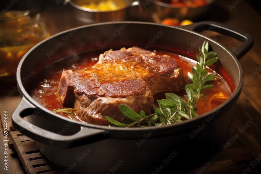 stirring osso buco in a cast iron pot
