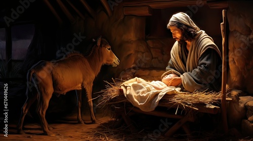 A humble stable, with a manger providing a cradle for the newborn Jesus. Nativity, birth of Christ, divine infant, holy manger, simplicity, sacred birth. Generated by AI.