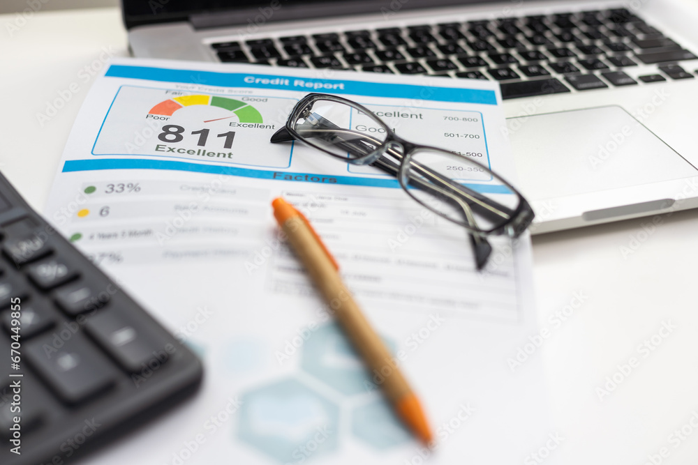 credit report with credit cards and calculator, glasses on banker work place white background top view credit report with credit cards and calculator, glasses on banker work place white background top view