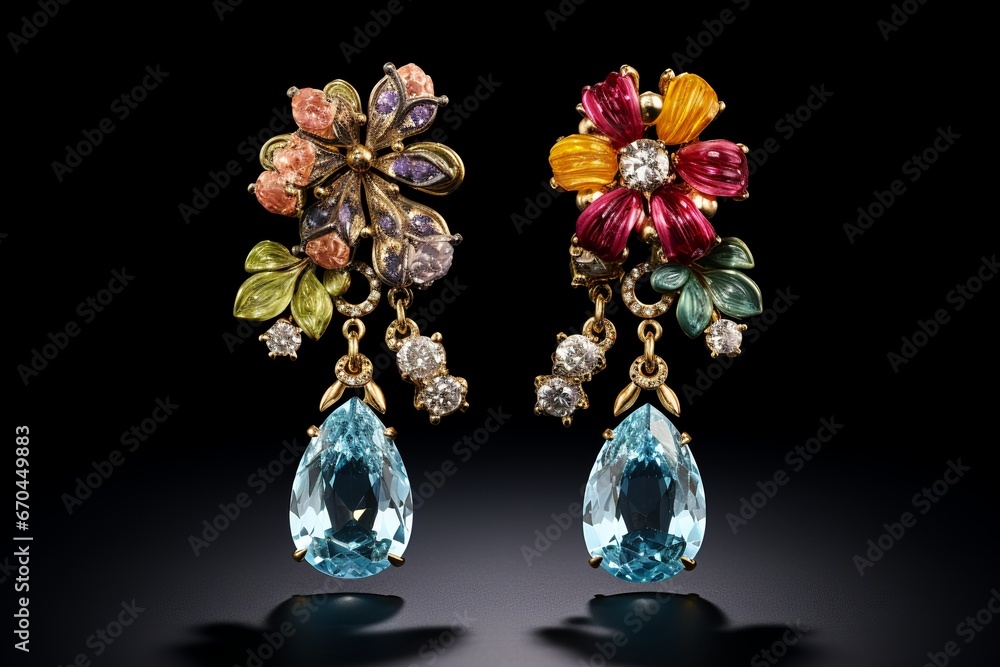 illustration ofa pair of crystal stud earrings in colorful stones, Generative ai