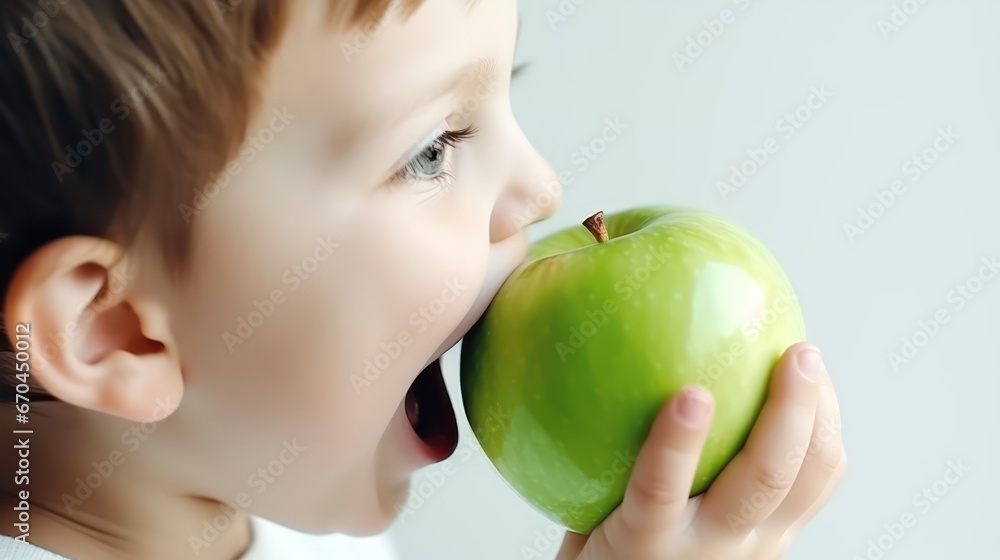 happy Child with ideal teeth eating green apple. Little Handsome Boy with Health food. advertising of dentistry and healthy lifestyle happy Child with ideal teeth eating green apple. Little Handsome Boy with Health food. advertising of dentistry and healthy lifestyle