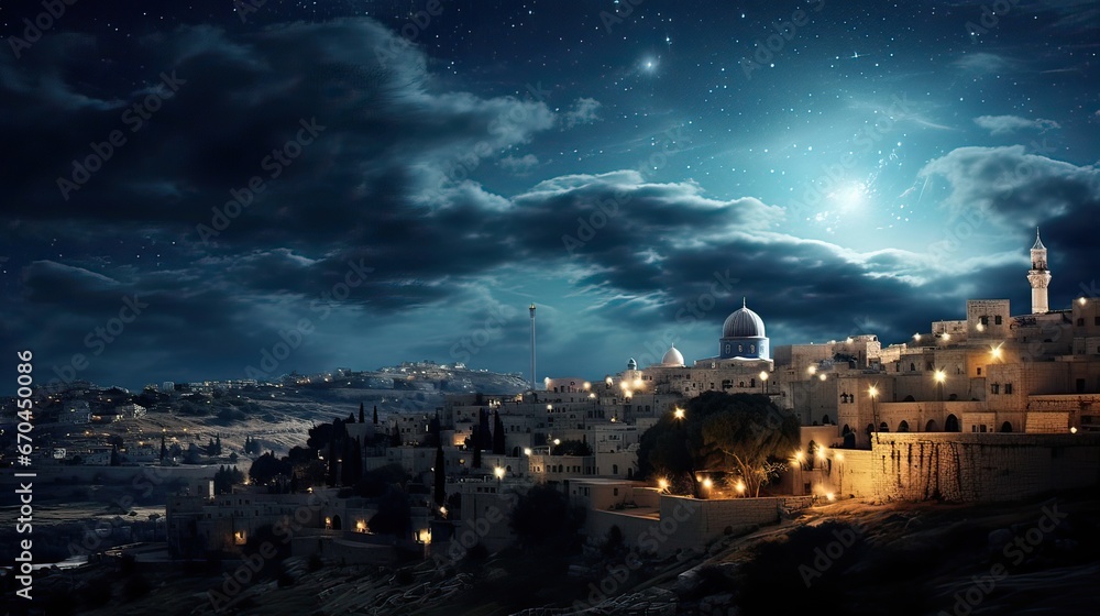Bethlehem's night sky. Bethlehem's splendor, guiding star, Christmas miracle, divine luminance, spirituality, wonder. Generated by AI.