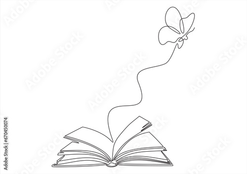 Flying book one line drawing with butterfly. Continuous hand drawn contour vector. Illustration of Creative and freedom.