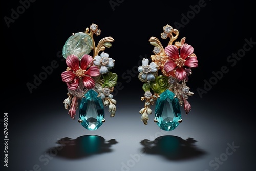 illustration ofa pair of crystal stud earrings in colorful stones, Generative ai