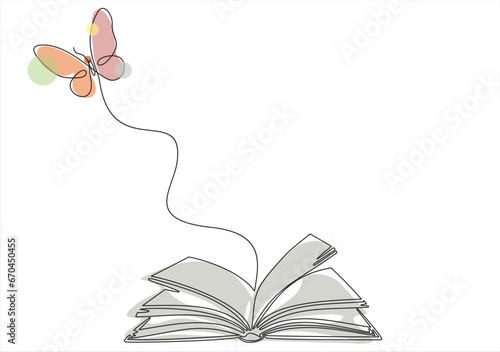 Flying book one line drawing with butterfly. Continuous hand drawn contour vector. Illustration of Creative and freedom.