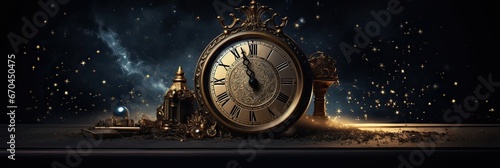 Vintage timepiece, New Year's Eve celebration, antique clock face, timeless tradition, memorable midnight. Generated by AI.