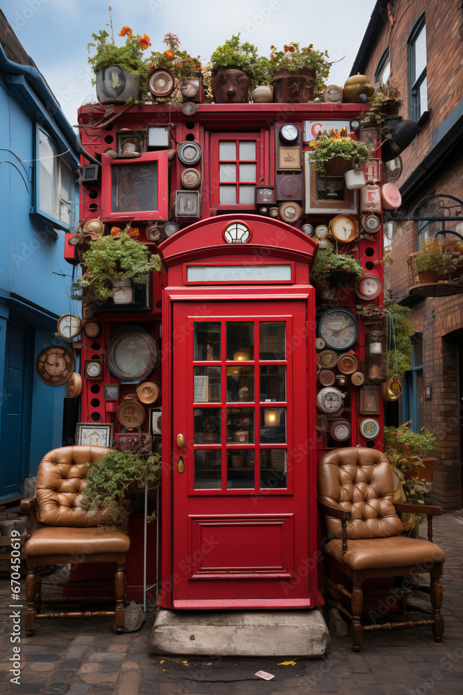 Fototapeta premium Cat house with a British phone booth theme, Generative AI