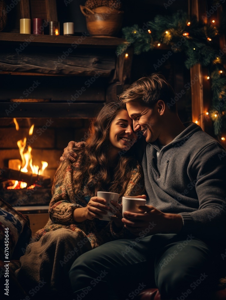 People relax sitting on the sofa and drink hot drinks near the fireplace in their home.