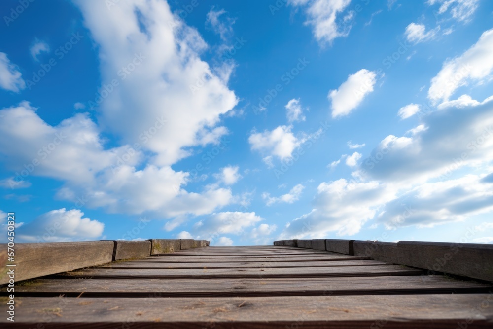 perspective view of ascending wooden steps, bright sky beyond