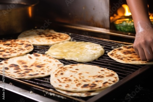 hand placing peshwari naan on a hot griddle for cooking