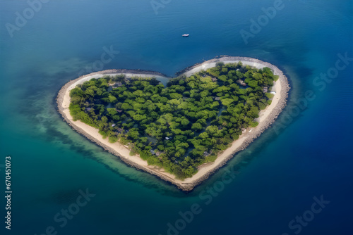 Green island in the ocean in the shape of heart