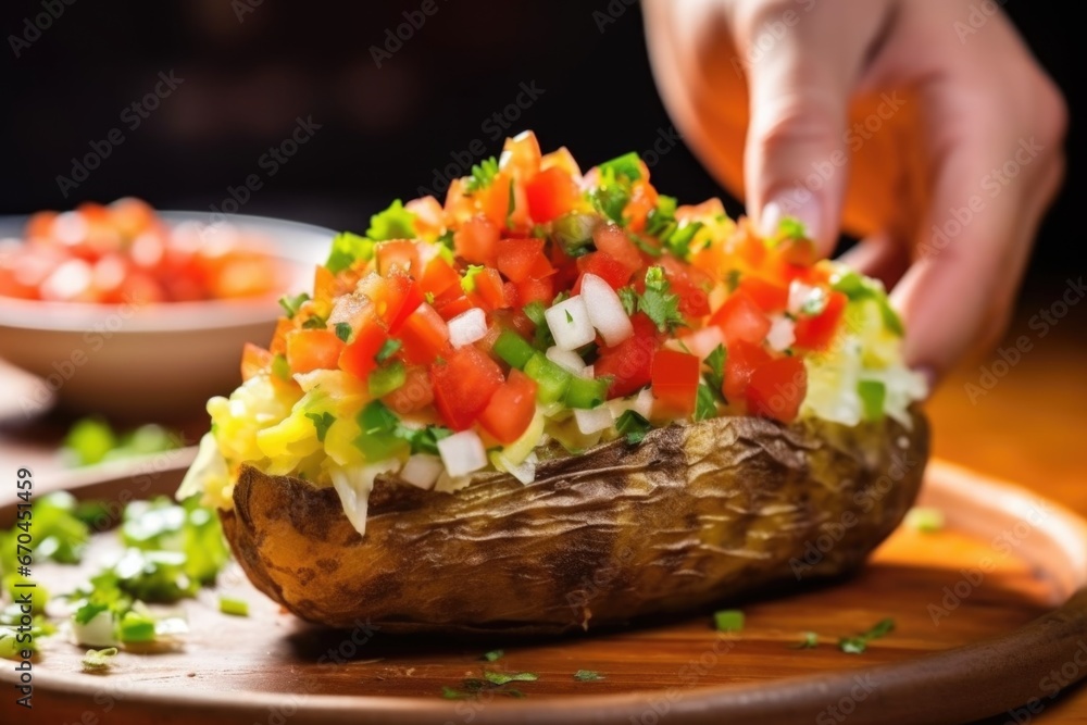hand topping a baked potato with pico de gallo - obrazy, fototapety, plakaty 