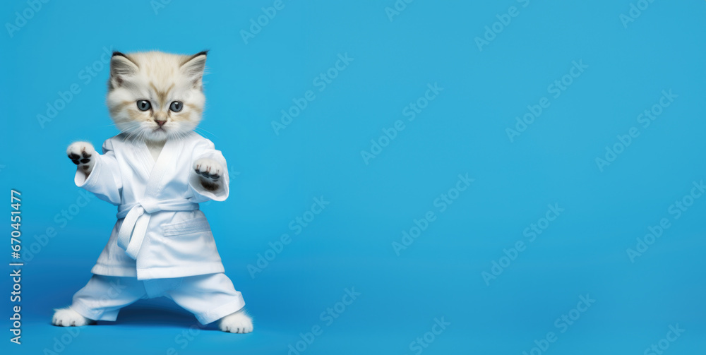 Beautiful cute kitten in kimono doing martial arts on blue background, banner with space for your text Beautiful cute kitten in kimono doing martial arts on blue background, banner with space for your text