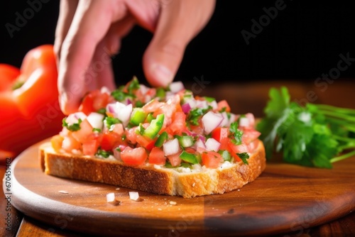 hand spreading pico de gallo on a slice of bread photo
