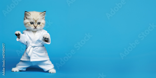 Beautiful cute kitten in kimono doing martial arts on blue background, banner with space for your text © Alina Zavhorodnii