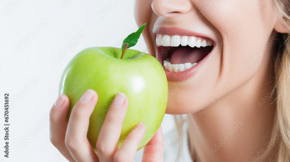 Beautiful woman eating a green apple in the studio on white background. female smile after teeth whitening procedure. Dental care. Dentistry and healthy lifestyle concept. Beautiful woman eating a green apple in the studio on white background. female smile after teeth whitening procedure. Dental care. Dentistry and healthy lifestyle concept.