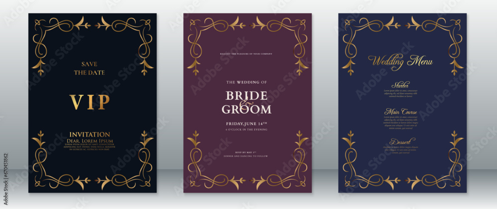 Naklejka premium Luxury wedding invitation card template vintage design dark background with golden floral frame ornament