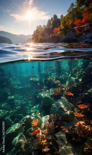 A section of water and land, you can see the underwater world and what is on the water, beautiful scenery
