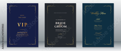 Luxury wedding invitation card template golden design elegant dark background with gold frame ornament