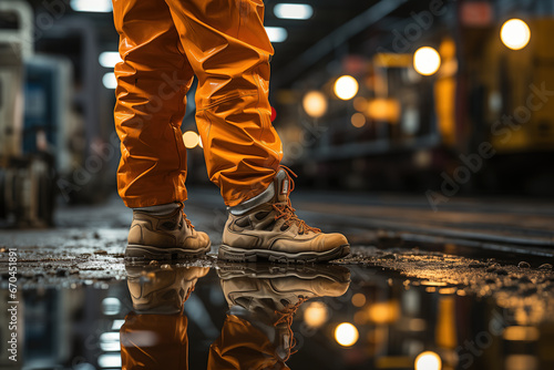 A factory worker which is wearing safety shoe and working uniform is standing in the factory, ready for working in danger workplace concept. Industrial working scene and safety equipment.  photo