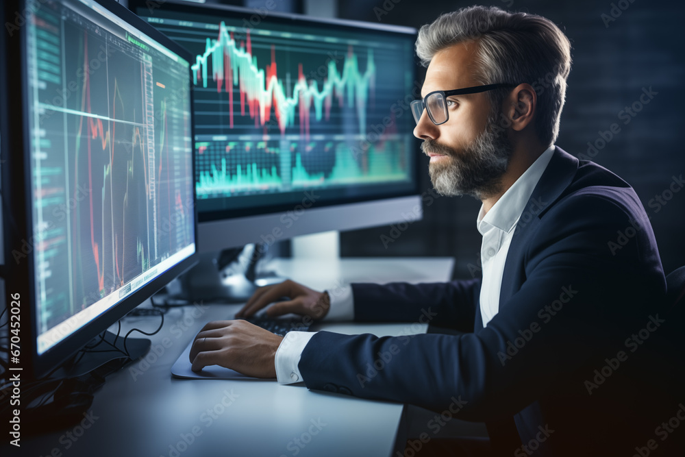 Business man trader big data analyst looking at computer monitor, stock broker analysing indexes, financial chart trading online on screen Business man trader big data analyst looking at computer monitor, stock broker analysing indexes, financial chart trading online on screen