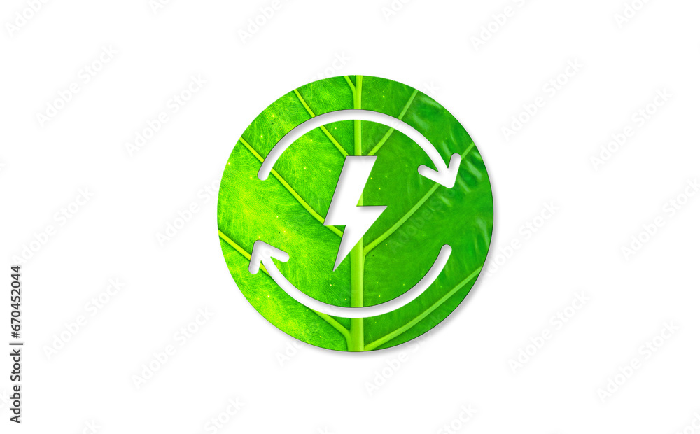 Green energy icon, Eco energy and electric car system concept, green leaves on white background. Green energy icon, Eco energy and electric car system concept, green leaves on white background.